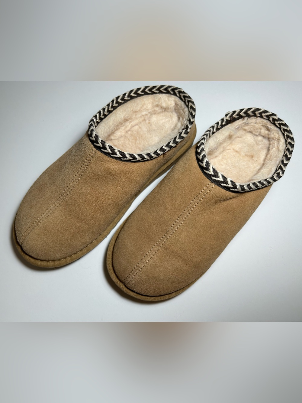 BearPaw Tan Suede Faux-Shearling Slip-On Slippers with Black & White Trim